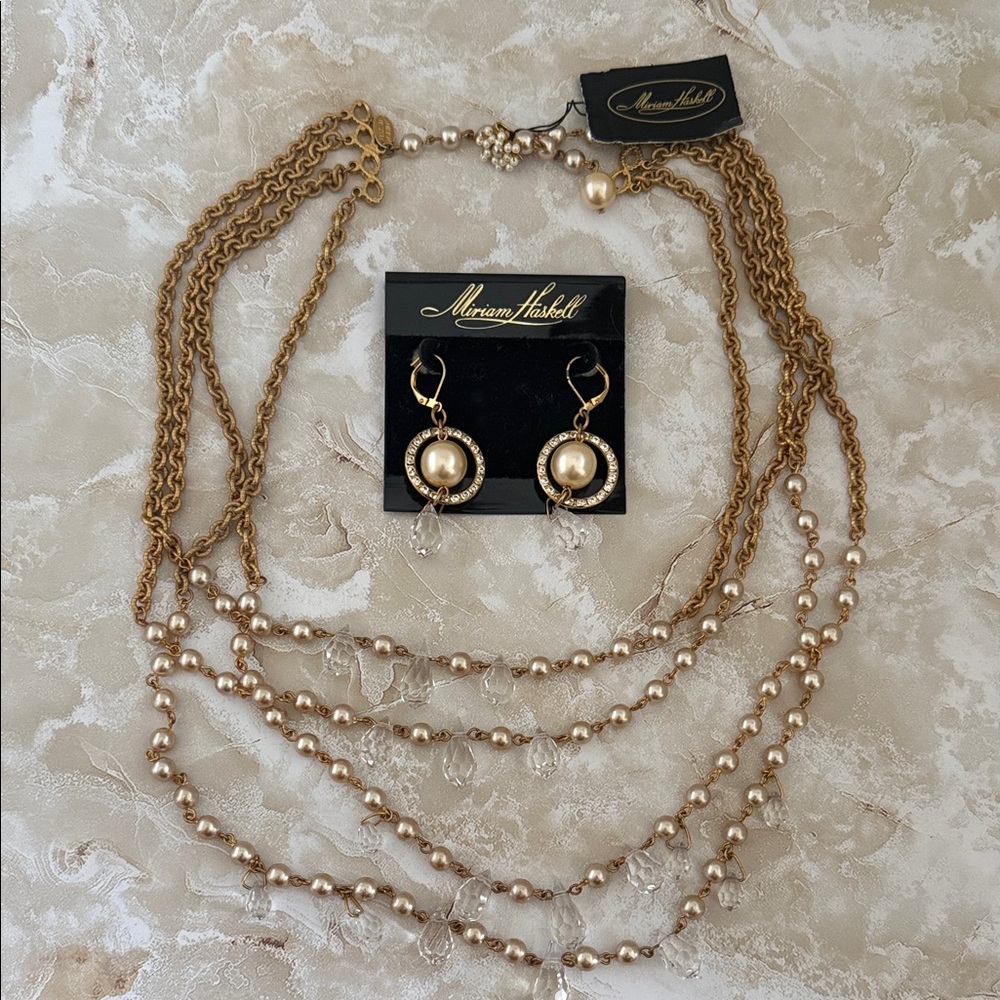 Miriam Haskell Gold and Cream Pearl Necklace Set